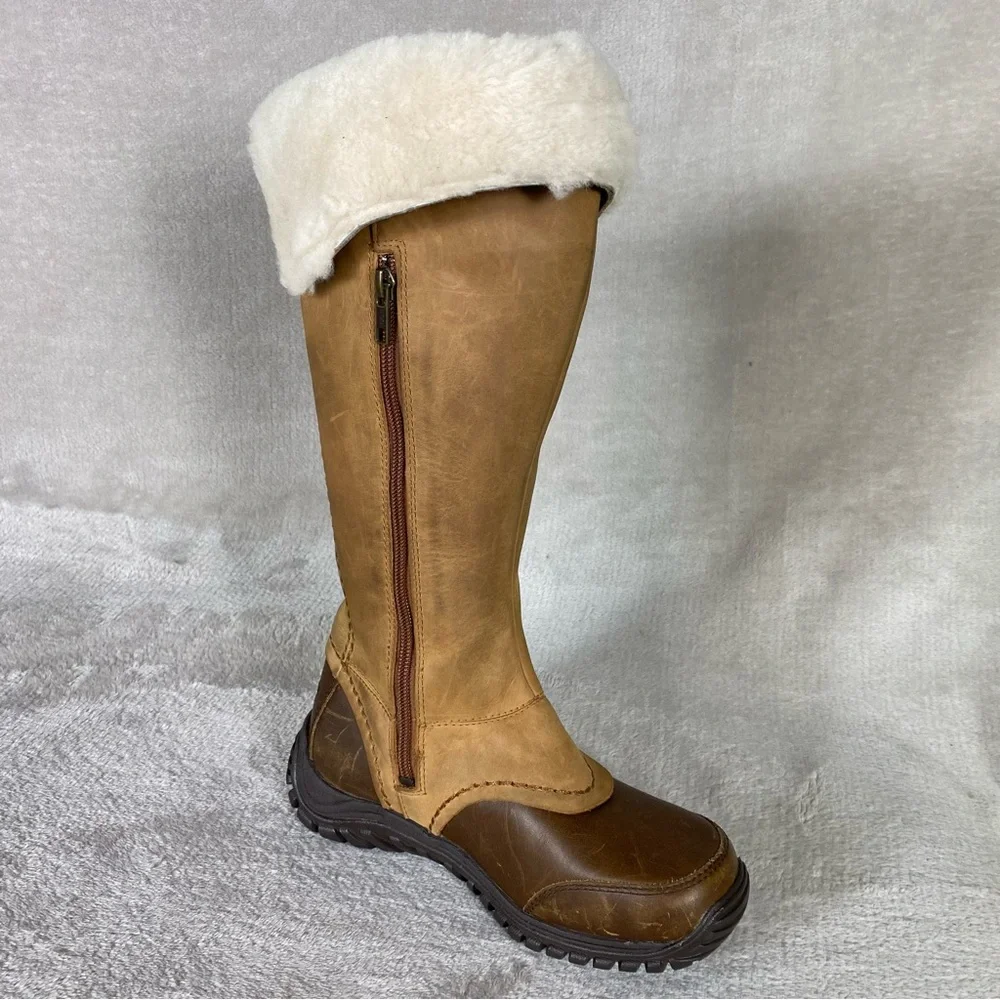 UGG Miko Tall Boots Womens Size 5 Brown Shearling Lined Leather Zip Vibram‎